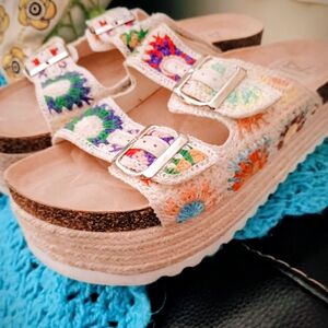 Dirty Laundry Crochet Platform Slide Sandals - Cream with Multicolor Accents